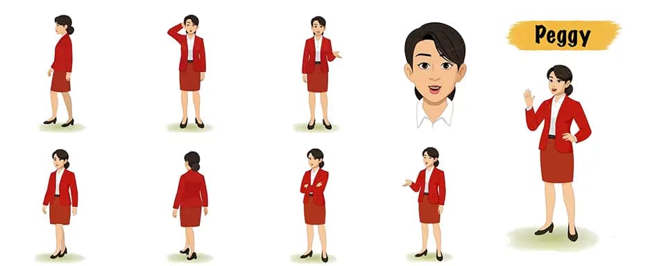 A young lady in red dress animated cartoon character vector model sheet AKA Peggy