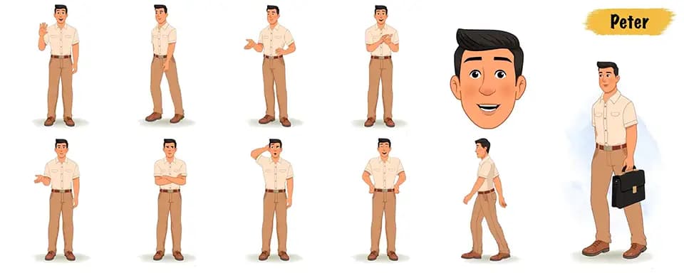 A casual office guy animated vector cartoon character model sheet AKA Peter