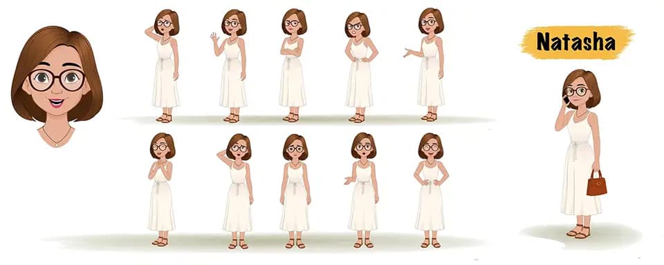 A gorgeous woman in white dress animated vector cartoon character model sheet AKA Natasha