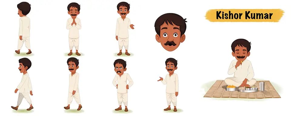 A young Indian village man animated vector cartoon character model sheet AKA Kishore Kumar