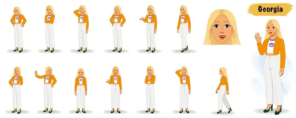 A pretty American woman animated vector cartoon character model sheet AKA Georgia