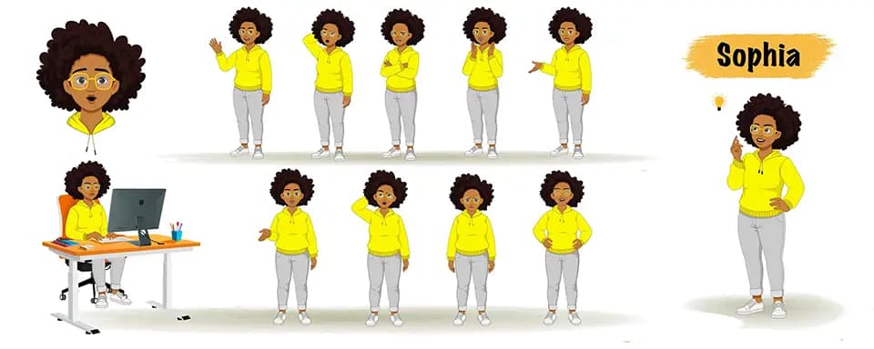An african american woman animated vector cartoon character model sheet AKA Sofia
