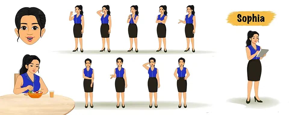 A female employee animated vector cartoon character model sheet AKA Sophia