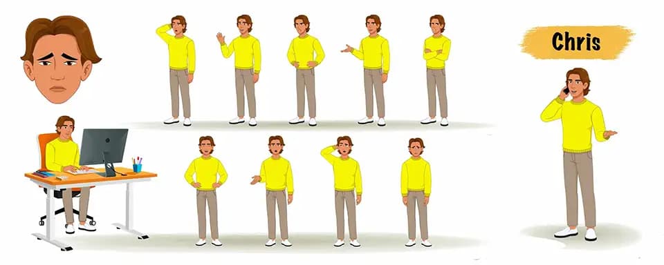 A handsome man in casual clothes animated vector cartoon character model sheet AKA Chris