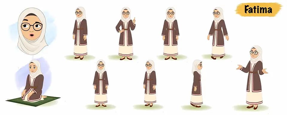 A muslim woman animated vector cartoon character model sheet AKA Fatima