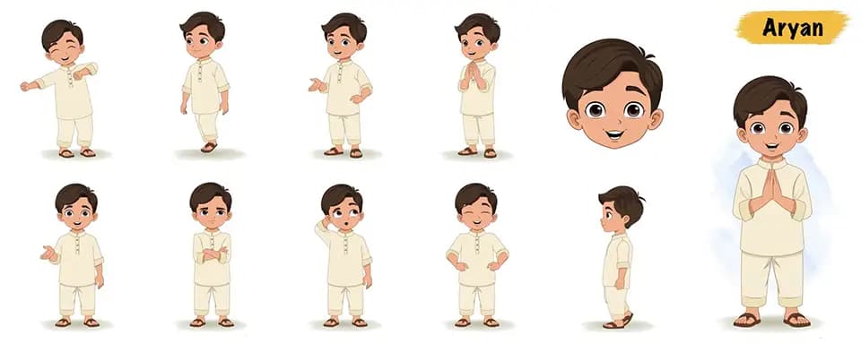 A boy in kurta pajama model sheet vector cartoon character AKA Aryan