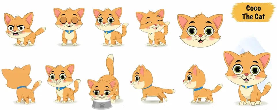 A cat animated vector cartoon character model sheet AKA Coco The Kitten