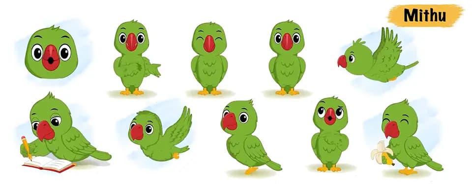 A green parrot animated vector cartoon character model sheet AKA Mithu