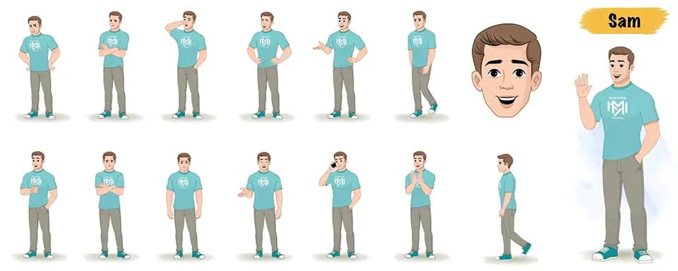 A handsome man animated vector cartoon character model sheet AKA Sam