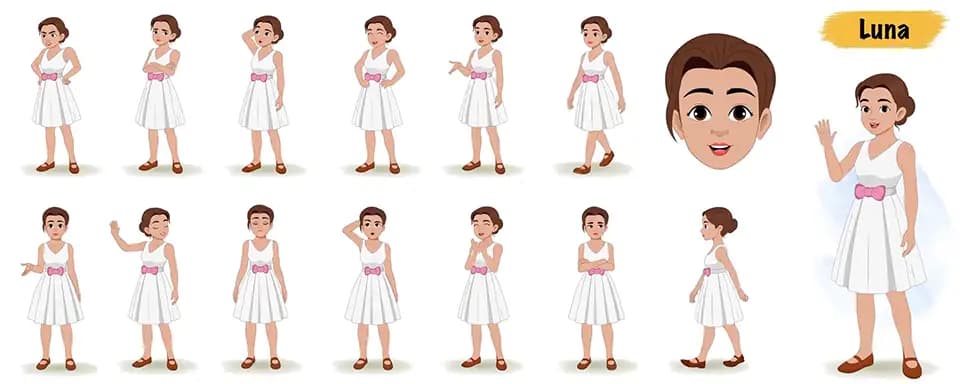 A belly dancer animated vector cartoon character model sheet AKA Luna