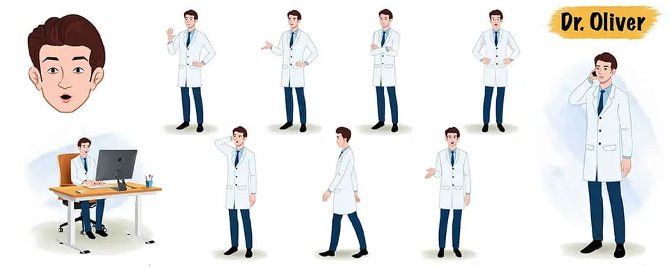 A male dentist animated vector cartoon character model sheet AKA Oliver