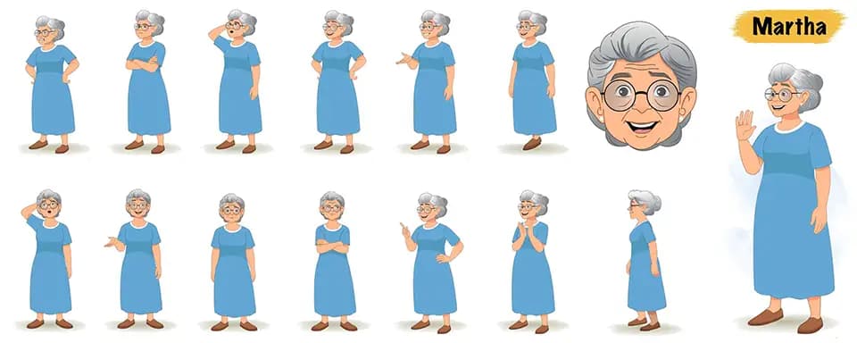 A Grandma animated vector cartoon character model sheet AKA Martha