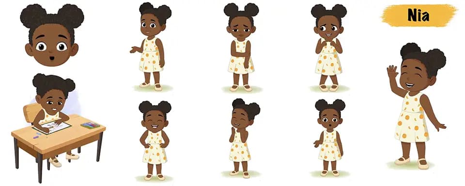 A cute African little girl model sheet vector cartoon character AKA Nia