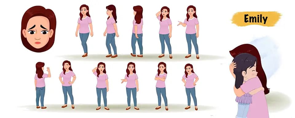 A Pretty Young Woman Animated Vector Cartoon Character Model Sheet AKA Emily