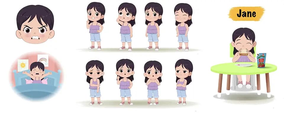 An adorable girl animated vector cartoon character model sheet AKA Jane