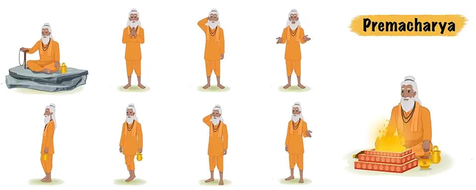 A sage sadhu vector animated cartoon character model sheet AKA Premacharya