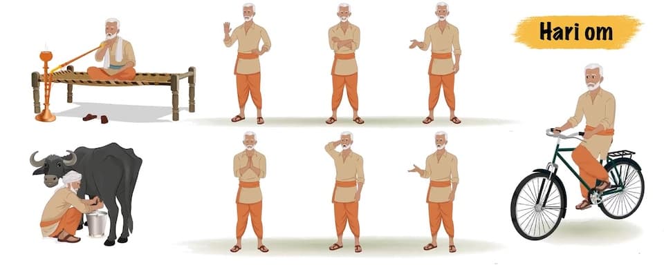 An old Indian farmer animated vector cartoon character model sheet AKA Hariom
