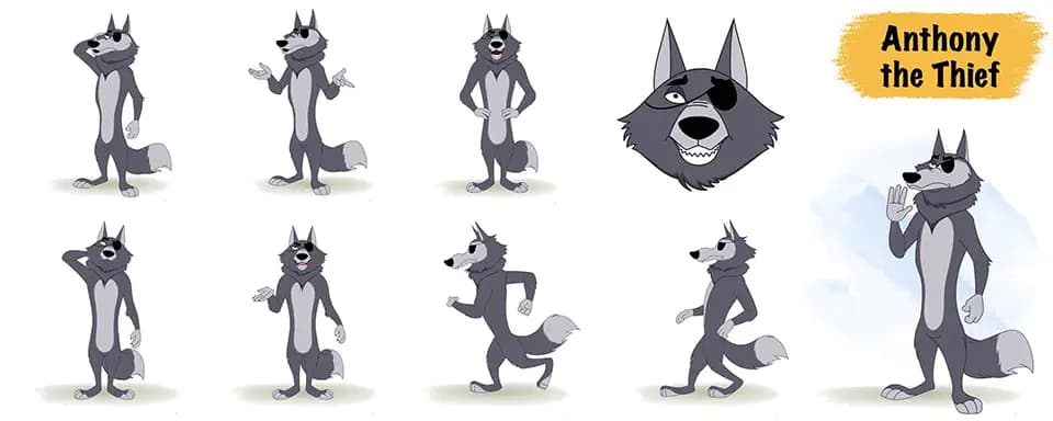 Thief wolf animated vector cartoon character model sheet AKA Anthony the Thief