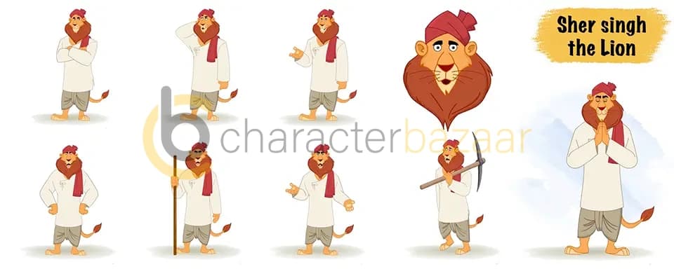 Lion in dhoti kurta animated vector cartoon character model sheet AKA Sher Singh The Lion