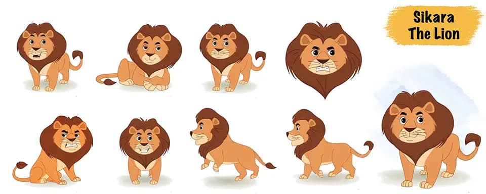 Cute lion animated vector cartoon character model sheet AKA Sikara the Lion