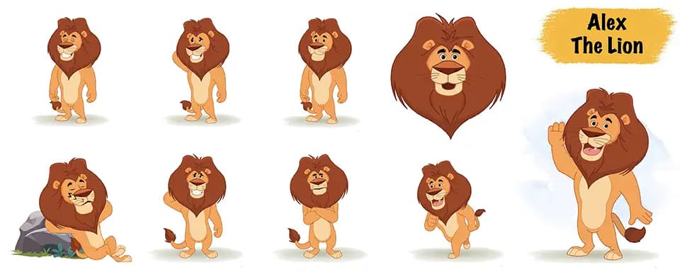 Lion animated vector cartoon character model sheet AKA Alex the Lion