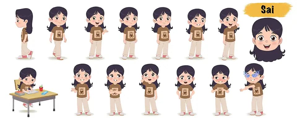 Girl vector animated cartoon character model sheet AKA sai