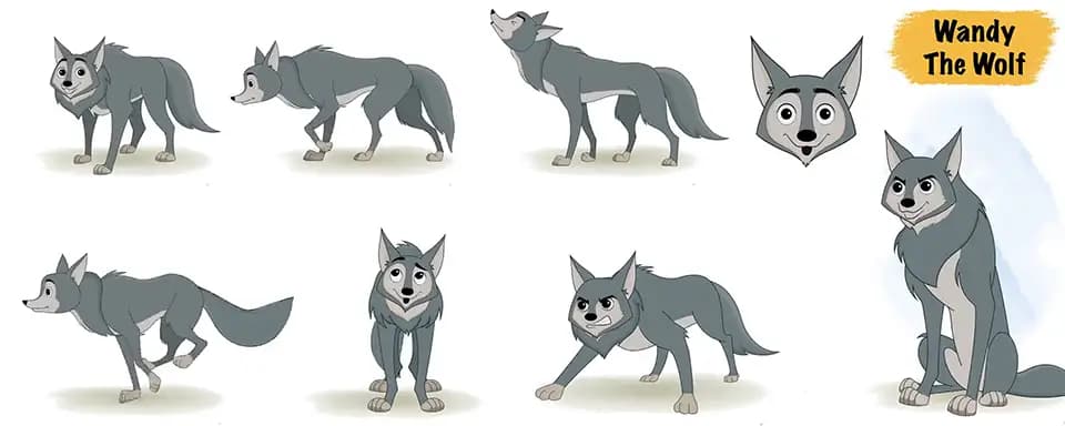 Wolf animated vector cartoon character model sheet AKA Wandy The Wolf