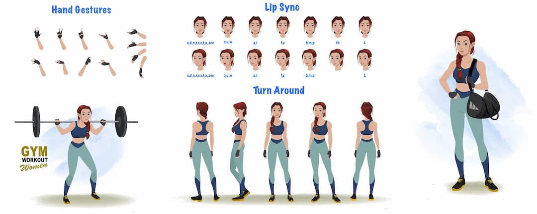 A workout female cartoon character construction/model sheet aka olivia