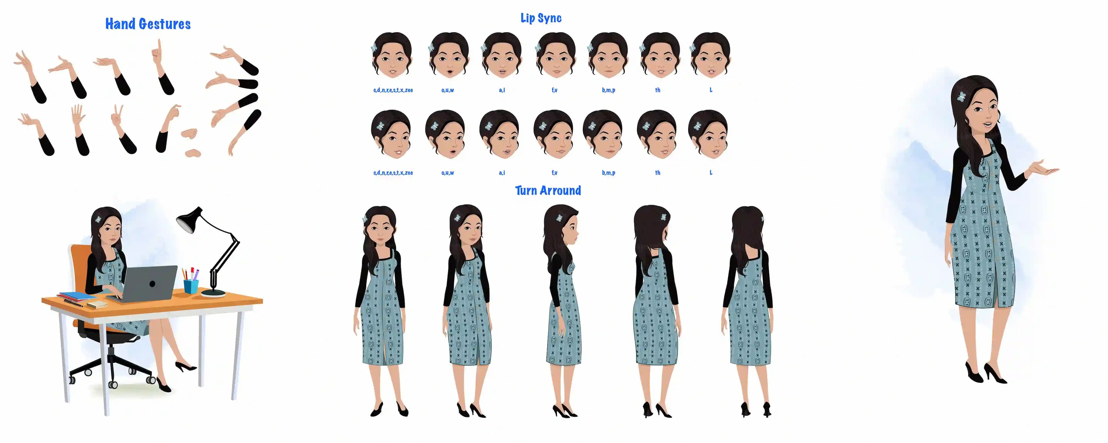 A female teacher cartoon character construction/model sheet aka renna