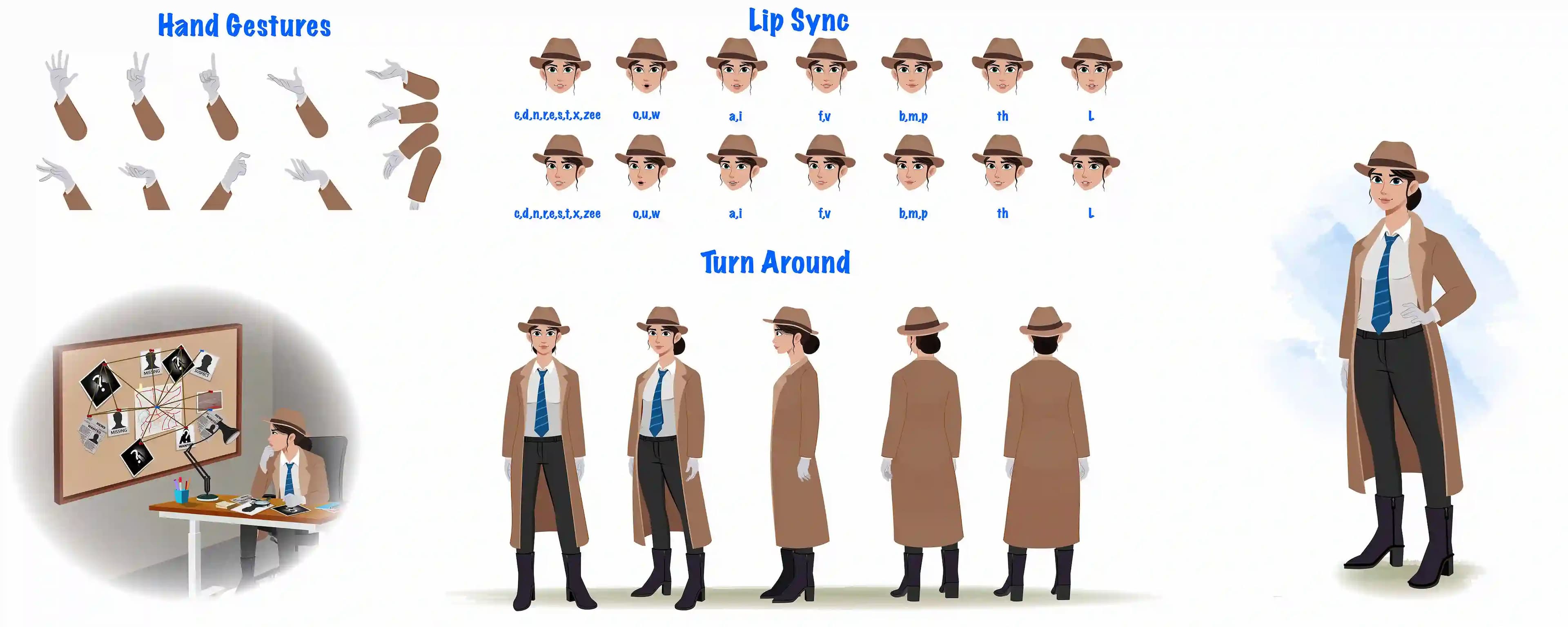 A female detective cartoon character construction/model sheet aka miss elena