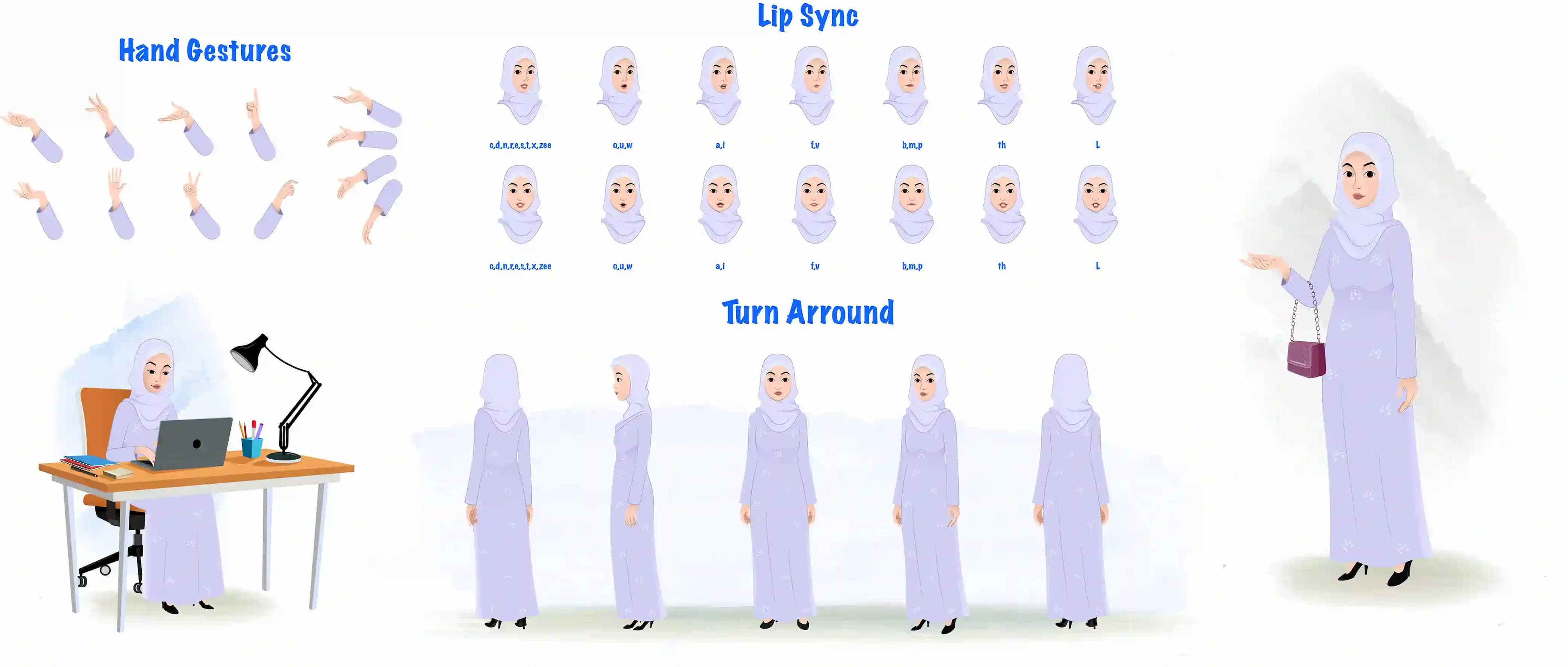 A muslim/arabic woman cartoon character construction/model sheet aka joya