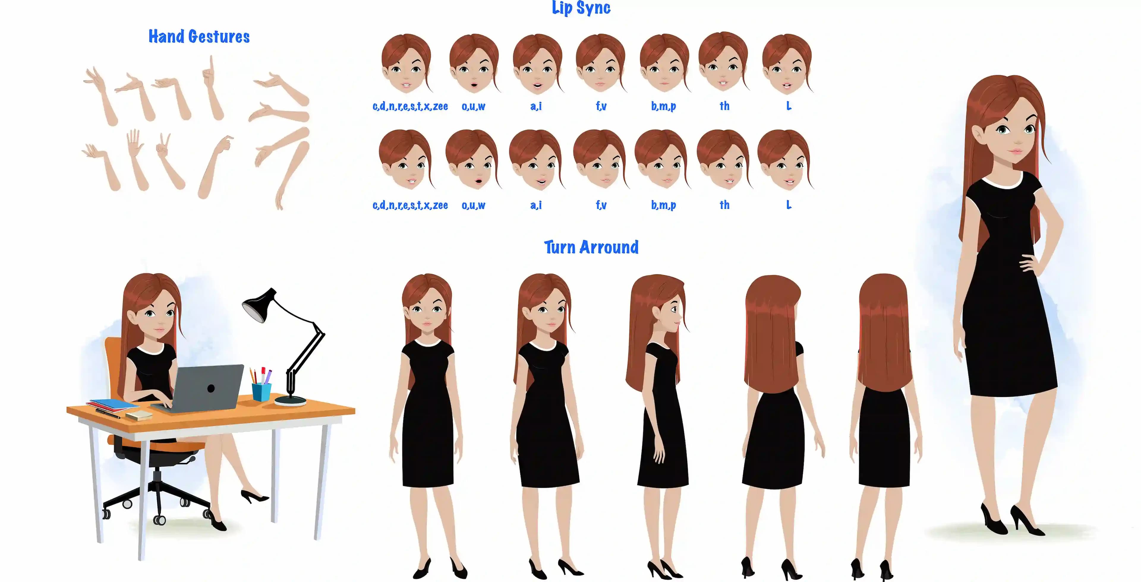 A business woman cartoon character construction/model sheet aka eliana
