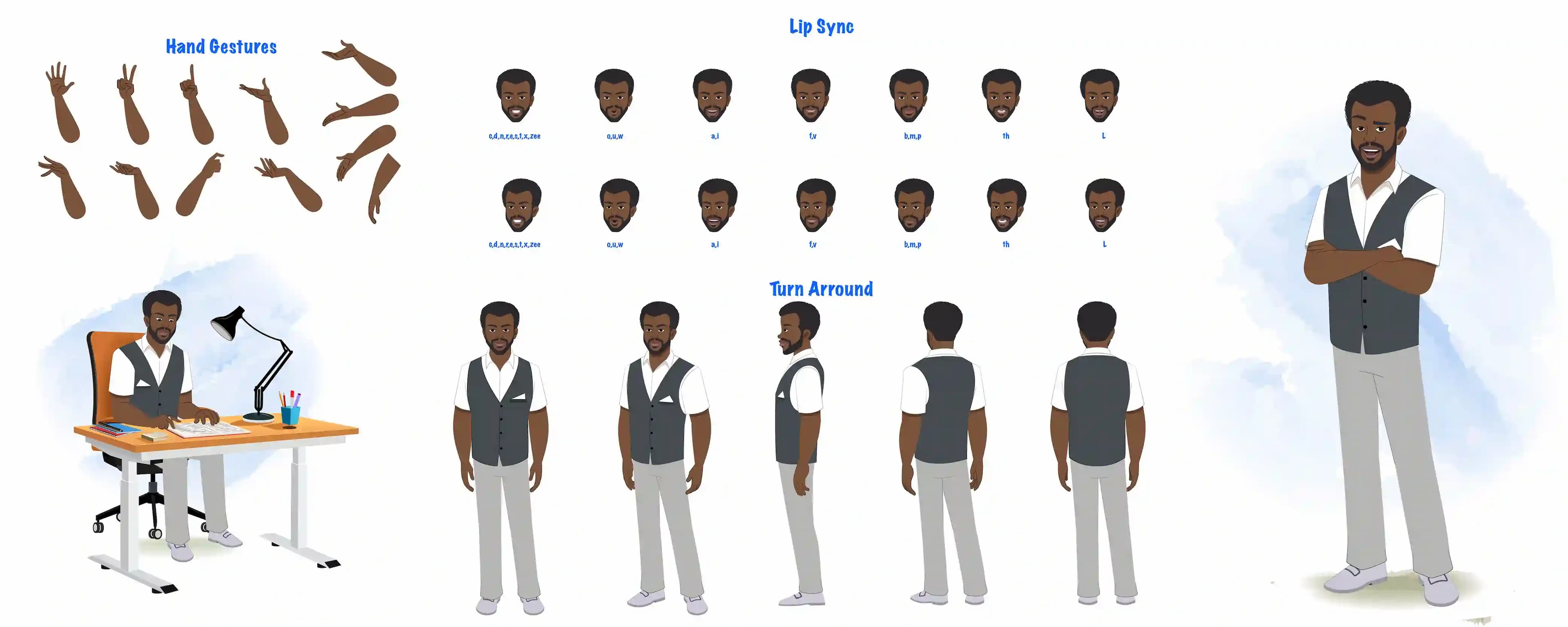 A black businessman cartoon character construction/model sheet aka Aston