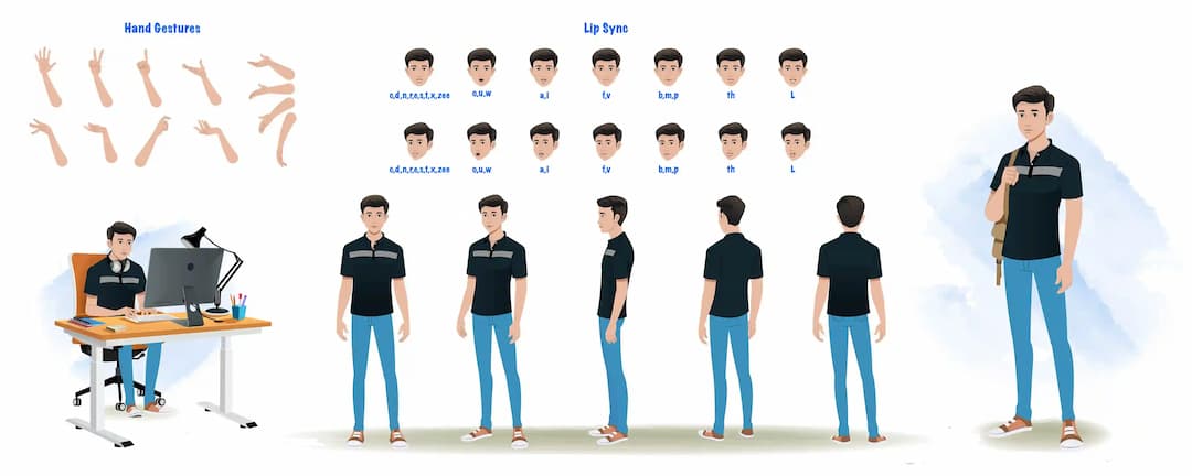 A man cartoon character construction/model sheet aka Henry