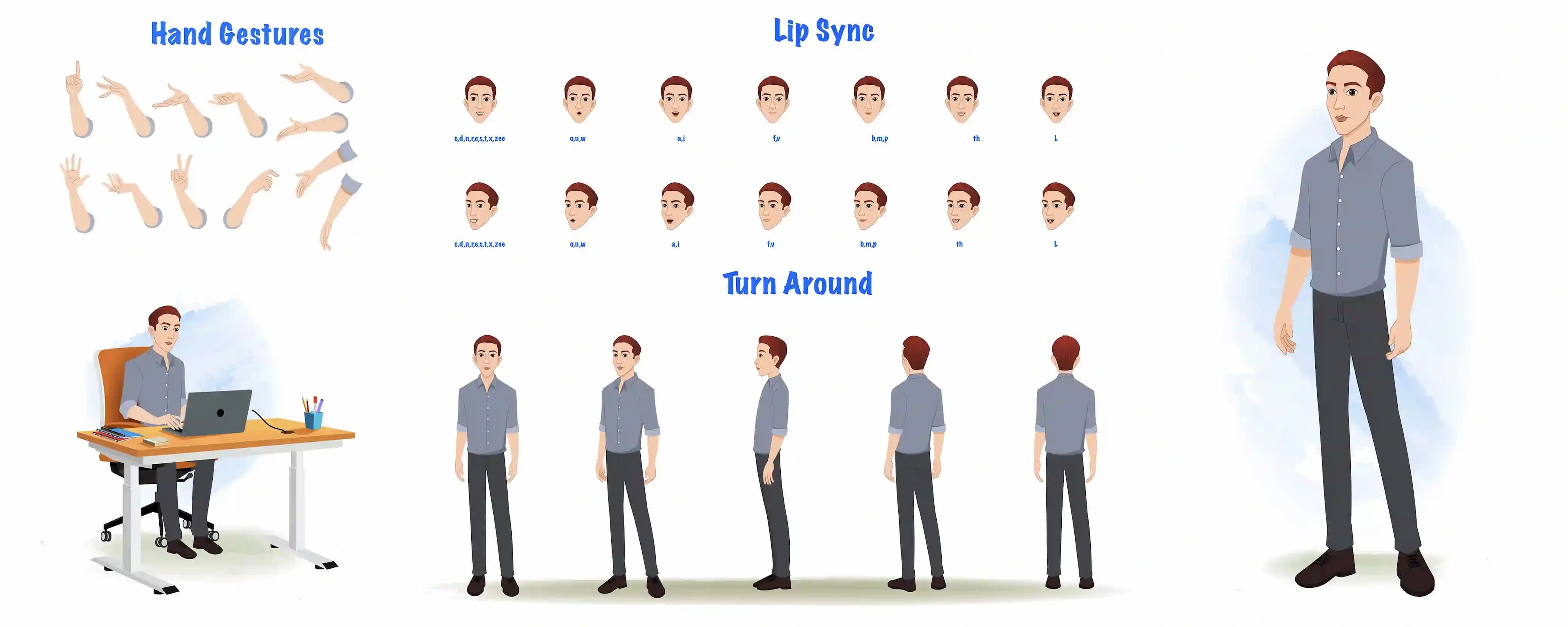 An office Man cartoon character construction/model sheet aka Yuvi