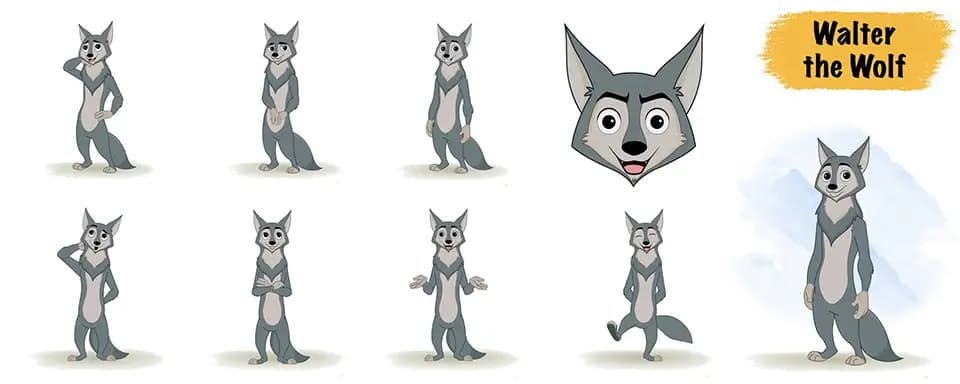 Gray Wolf animated vector cartoon character model sheet AKA Walter the Wolf