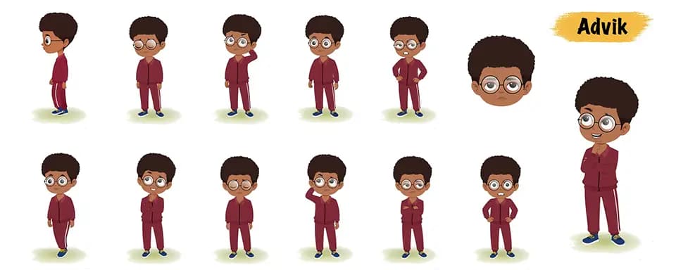 Cute black boy animated vector cartoon character model sheet AKA Advik