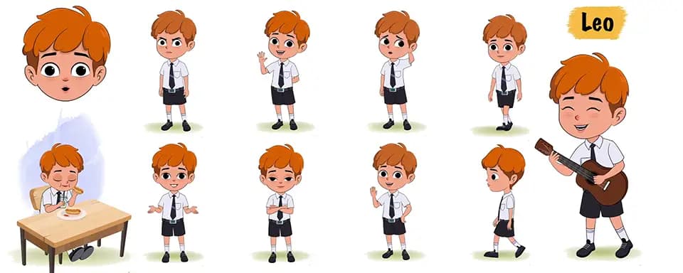 School boy animated vector cartoon character model sheet AKA Leo