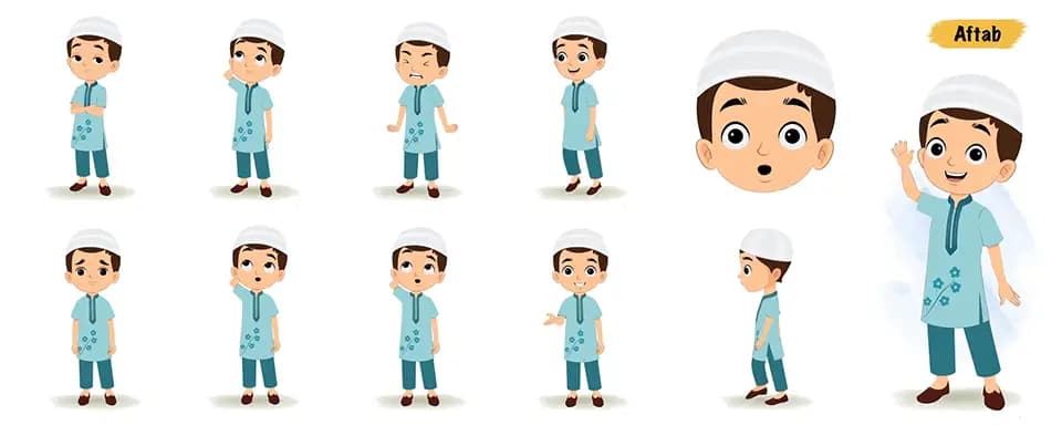 Cute muslim boy animated vector cartoon character model sheet AKA Aftab