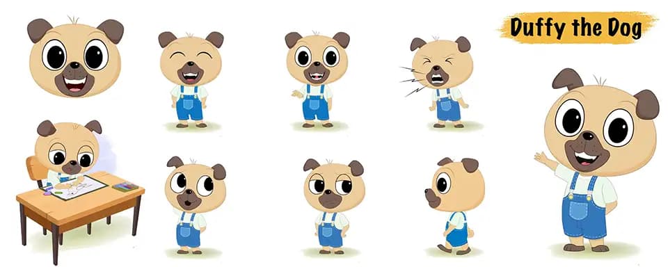 Little Dog animated vector cartoon character model sheet AKA Duffy The Dog