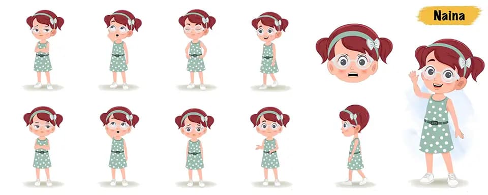 Cute little girl animated vector cartoon character model sheet AKA Naina