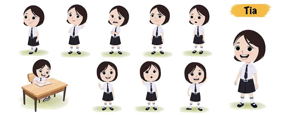 Cute little school girl animated vector cartoon character model sheet AKA Tia