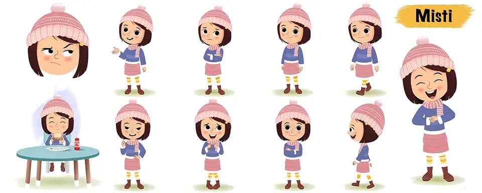 Little girl in winter clothes animated vector cartoon character model sheet AKA Misti