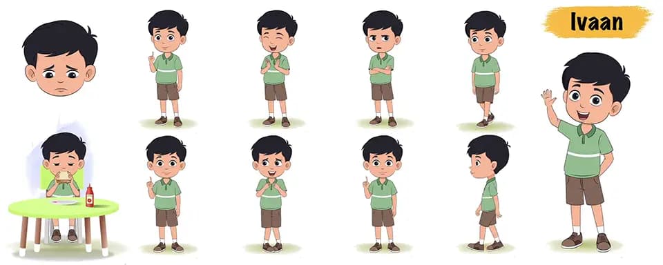 Cute Indian boy animated vector cartoon character model sheet AKA Ivaan
