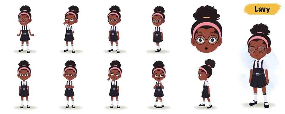 Cute black school girl animated vector cartoon character model sheet AKA Lavy