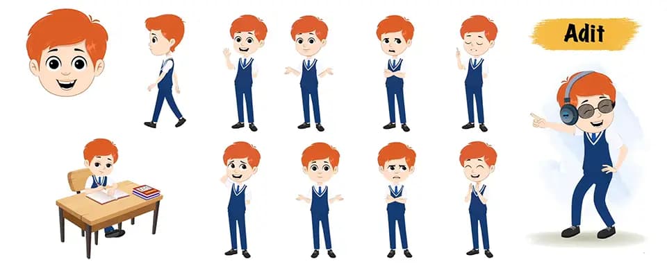 Boy animated vector cartoon character model sheet AKA Adit