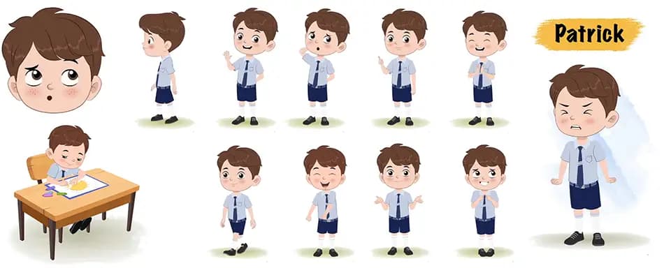 Cute little school boy animated vector cartoon character model sheet AKA Patrick