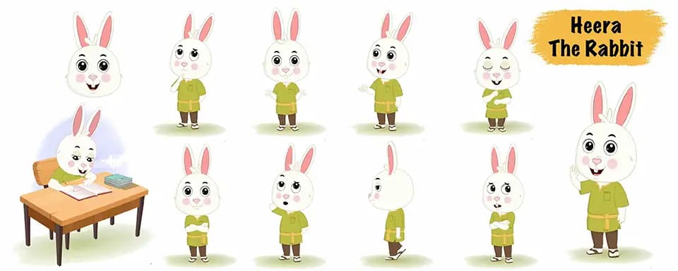 Cute rabbit animated vector cartoon character model sheet AKA Heera The Rabbit