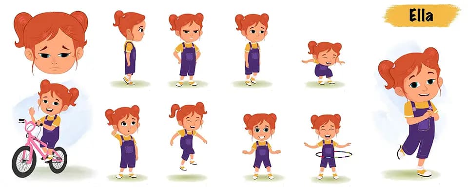 Cute little girl animated vector cartoon character model sheet AKA Ella