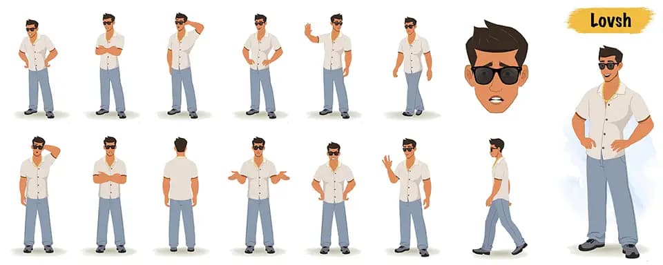 Young handsome man animated vector cartoon character model sheet AKA Lovsh